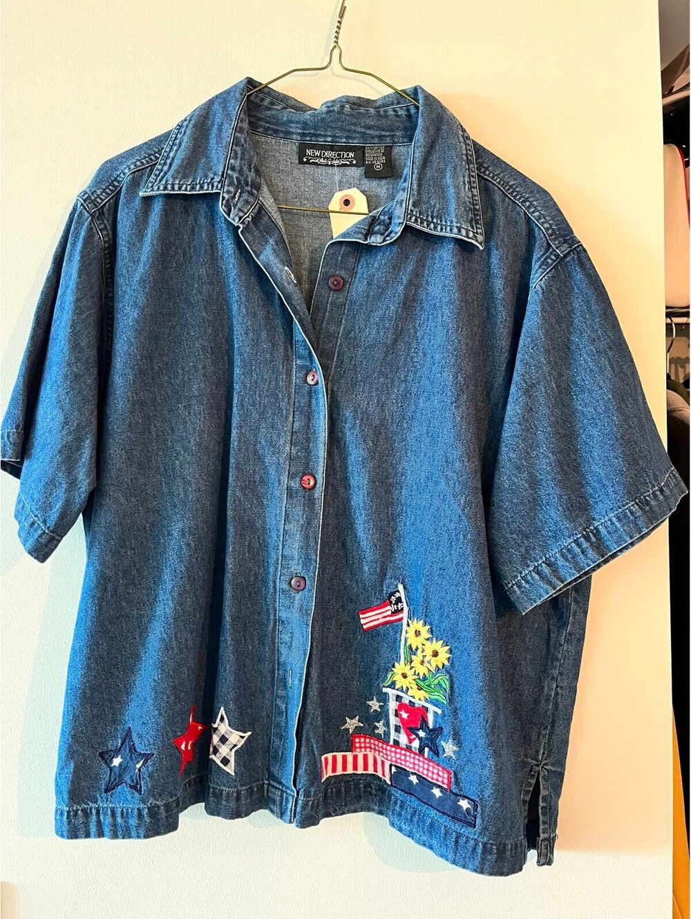 Vintage 90s New Direction Denim Jean button up American flag and stars - !